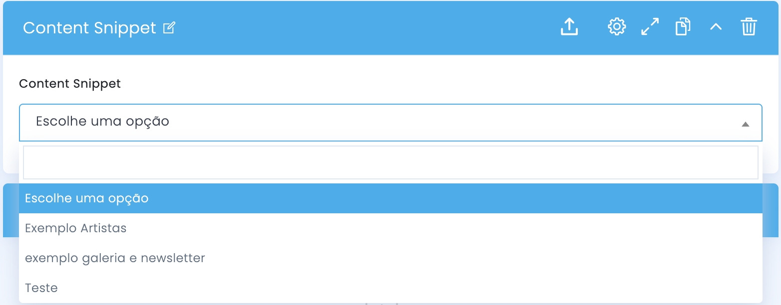 Campo Content Snippet para associar um snippet já criado à página